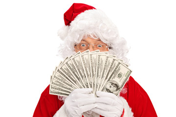 Poster - Santa Claus covering his face with money