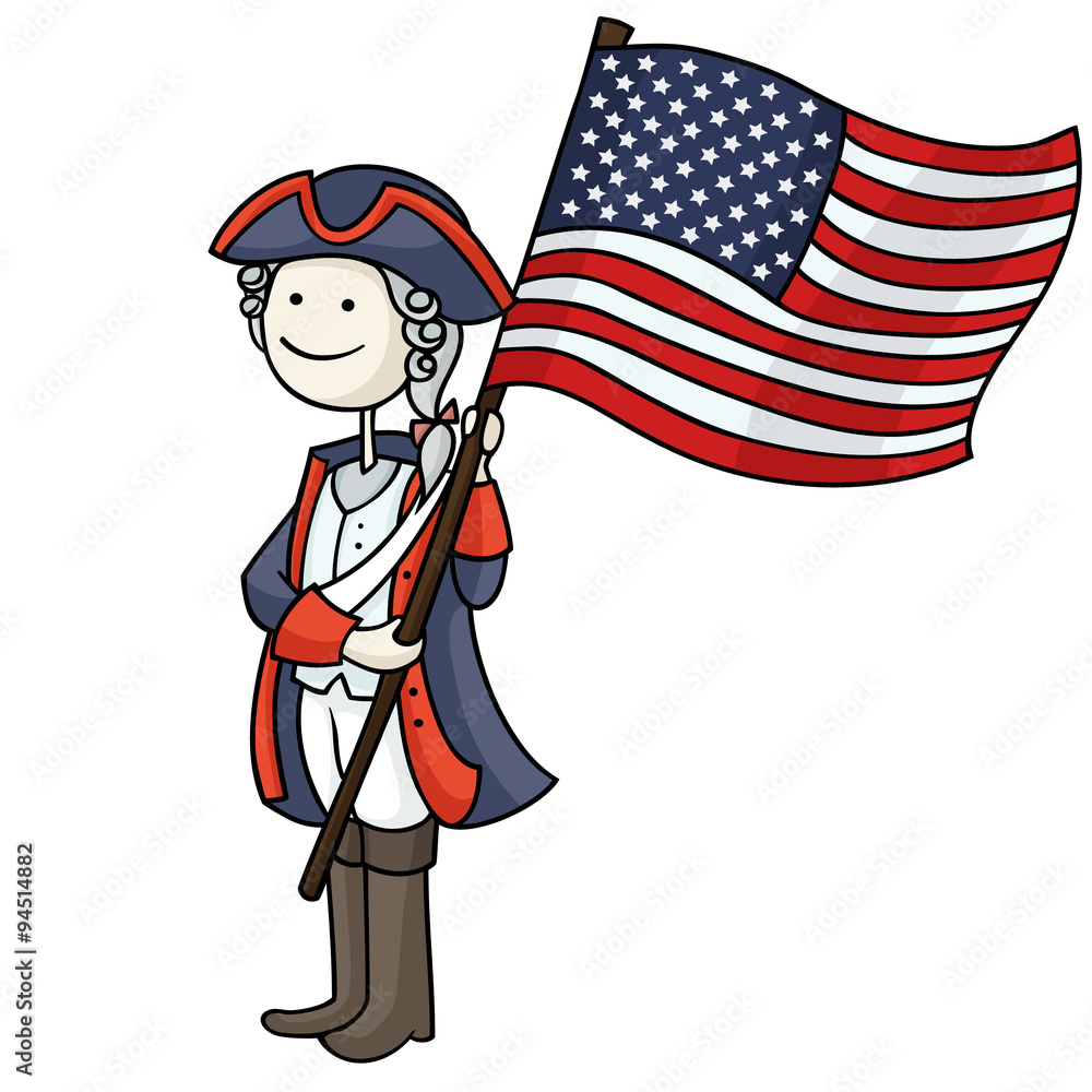 patriotic Patriotic USA background with Cartoon man celebrating Independence Day  wearing a national costume and holding a flag. Cute american patriot boy in  a 4th of July dressed like soldier. の Stock ベクター |