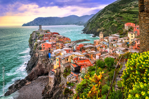 Vernazza in Cinque Terre, Liguria, Italy, on sunset Poster