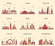 Europe skylines Paris London Barcelona line art
