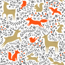 Christmas Floral Woodland Animals Seamless Pattern On White Background