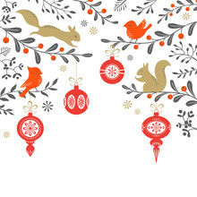 Christmas Floral Background With Birds, Squirrel, Ornaments And Place For Your Text. Vector Is Cropped With Clipping Mask.