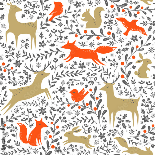 Christmas floral woodland animals seamless pattern on white background Canvas Print