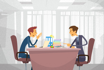 Two Business Man Talking Discussing, Businessmen Chat Sitting Office Desk