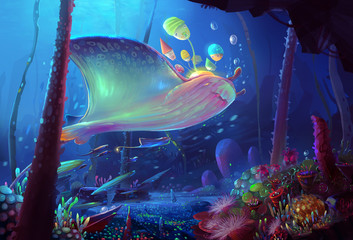 Wall Mural - Illustration: Song of the Sea. You never know, in the depths of the sea, there is a group of giant rays wanders everywhere with a small world in their back! - Scene Design - Fantastic