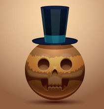 Vector Round Skull In Tall Hat. Cartoon Image Of A Round Brown Skull In A Black Tall Hat On A Light Brown Background.