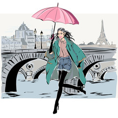 Wall Mural - Fashion model in sketch style fall winter with Paris city background
