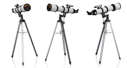 Wall Mural - three telescopes on tripod isolated on white background