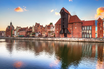 Old town of Gdansk with ancient crane at sunset, Poland