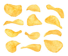 Set Of Potato Chips Close-up On An Isolated White Background