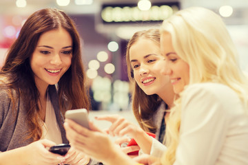 Wall Mural - happy women with smartphones and tablet pc in mall