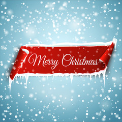 Wall Mural - merry christmas. red realistic curved paper banner with snow and icicle. ribbon. realistic curved pa