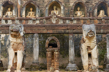 Exterior detail of the Si Satchanalai temple in Sukhothai historical Park, Sukhothai, Thailand.