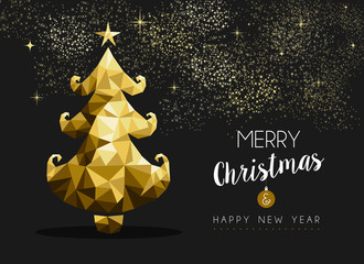 Merry christmas happy new year golden pine tree low poly