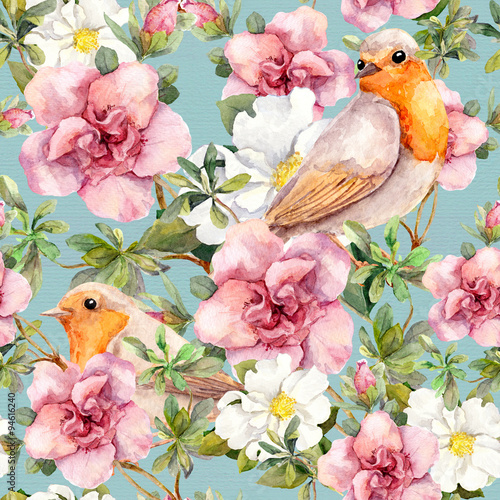 Cotton fabric Aquarell Vögel und Blumen. Nahtlose Blumenmuster.