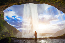 Incredible Waterfall In Iceland, Silhouette Of Man Enjoying Amazing View Of Nature