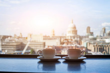 Cafe With View Of London, Two Cups Of Coffee And St Paul Cathedral