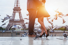 Couple Near Eiffel Tower In Paris, Romantic Kiss