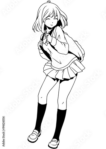 fashion school girl with backpack,illustration,ink,black and white,logo ...
