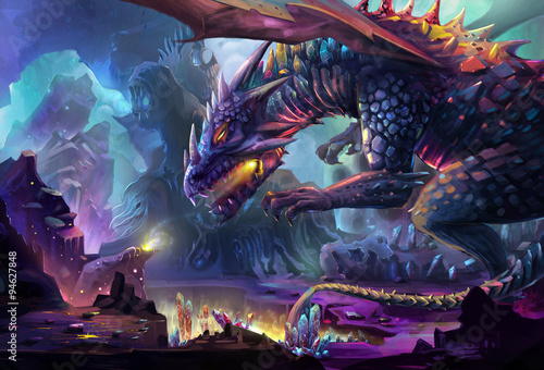 Fotografie, Obraz Illustration: The Dragon Planet - The danger dragon is drinking the energy generated by gem stone and crystal