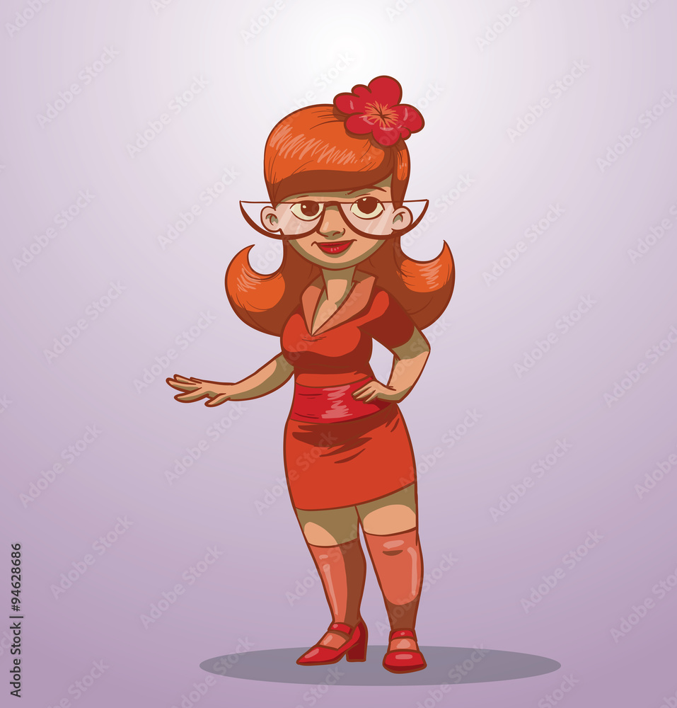 Vector business woman with ginger hair wearing glasses. Cartoon image of a  business woman with ginger hair wearing glasses, dressed in a red dress on  light purple background. Stock Vector | Adobe