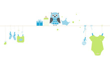 Newborn Baby Boy Symbols With Owl. Baby Arrival Greeting Card Vector