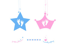 Twin Baby Boy And Girl Star With Crown Baby Foot Print Vector
