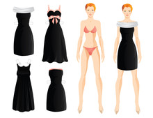 Doll With Clothes. Body Template. Set Of Template Paper Little Black Dress. Black Dress With A Pink Satin Ribbon. Black Dress In French Style With White Lace Collar