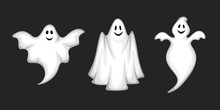 Set Of Three Vector White Ghosts Isolated On A Black Background.