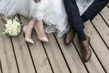 Feet Of Bride And Groom, Wedding Shoes (soft Focus). Cross Proce