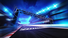 Finish Gate On Racetrack Stadium And Spotlights In Motion Blur