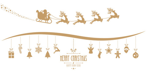 Wall Mural - santa claus sleigh christmas elements hanging gold isolated back