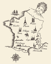 Map Of France Vintage Engraved Illustration Sketch
