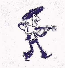 Vector Mariachi with a guitar, monochrome. Cartoon image of mariachi in traditional Mexican suit and a sombrero with a guitar in his hands on a light background. Purple monochrome image.