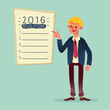 Smiling businessman with 2016 new year resolutions list cartoon