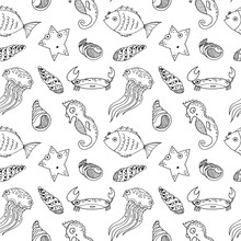 Cartoon Seamless Pattern With Sea Animals.