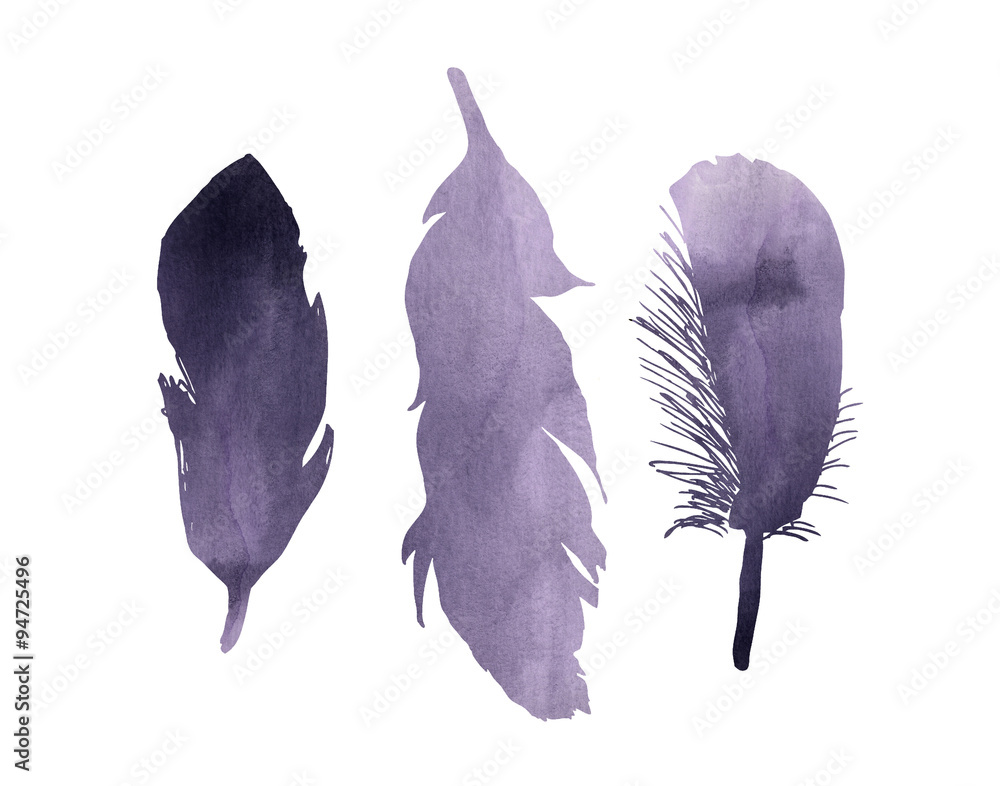 Obraz na płótnie A set of purple lavender watercolor bird feathers w salonie