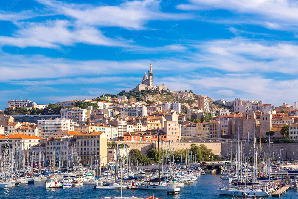 Notre Dame de la Garde and olf port in Marseille, France - obrazy, fototapety, plakaty 