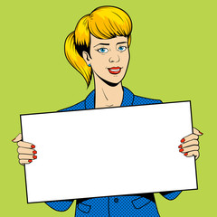 Wall Mural - Young woman holding a sign pop art vector