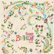 Cute invitation card with birds on floral branch. Happy birthday