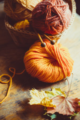 Wall Mural - Autumn Knitting, knitting needles and yarn in autumn colors