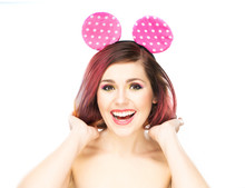 Beautiful Young Smiling Woman In Mickey Mouse Ears.