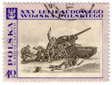 POLAND - CIRCA 1968: A Post Stamp Printed In Poland Shows Tank Attack, Devoted To The 25th Anniversary Of Polish Army, Circa 1968