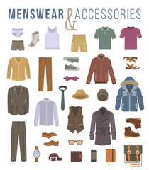 men fashion clothing and accessories flat vector icons. objects of male outfit clothes, underwear, s