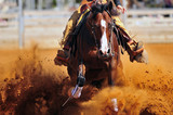 Fototapeta Nowy Jork - A close up view of a rider sliding the horse in the dirt