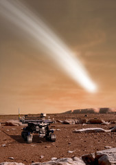 Wall Mural - the comet c/2013 a1 appears over the martian landscape with a rover in the foreground - elements of 