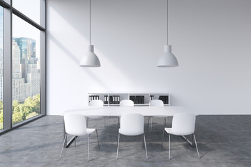 A conference room in a modern panoramic office with New York view. White table, white chairs, a bookcase and two white ceiling lights. 3D rendering.