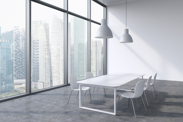 A conference room in a modern panoramic office with Singapore city view. White table, white chairs and two white ceiling lights. 3D rendering.