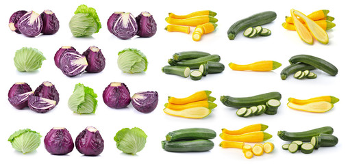  cabbage and  zucchini isolated on white background