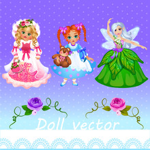 Three Little Girls Doll And Fairy On A Purple Background
